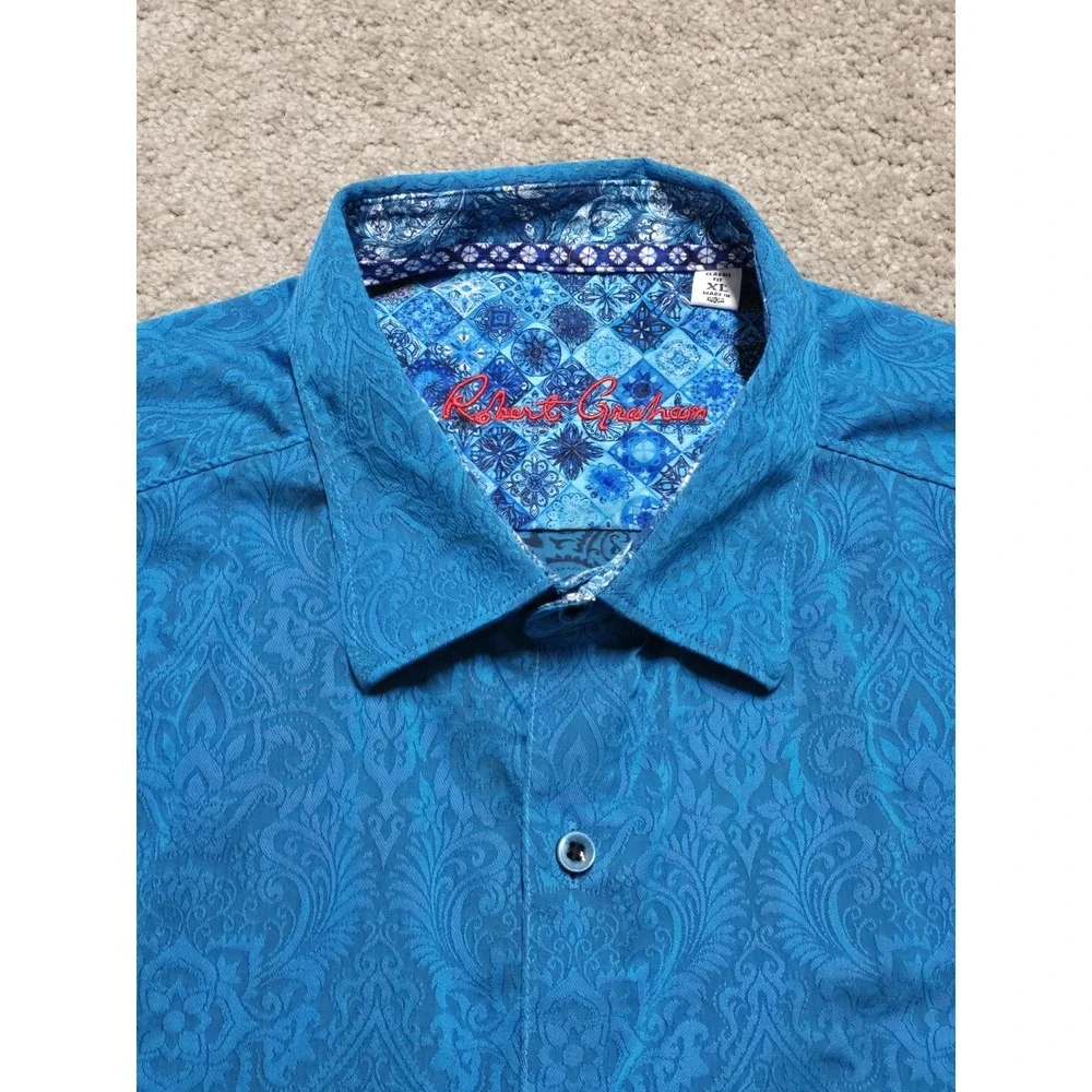 Robert Graham Mens XL Shirt S/S Blue Demask Geometric Paisley Floral Flip‎ Cuff - Picture 6 of 14